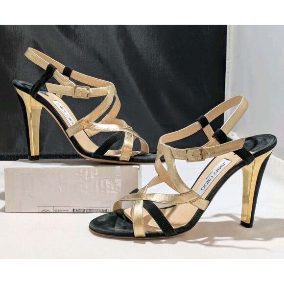 Jimmy Choo Suede Colorblock Pattern Black And Gold Sz 40 Slingback Sandals - Picture 1 of 14
